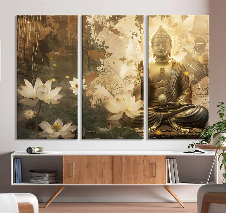 The Zen Buddha Wall Art Canvas Print, featuring a peaceful statue amidst lotus flowers, exudes an aura of spiritual serenity.