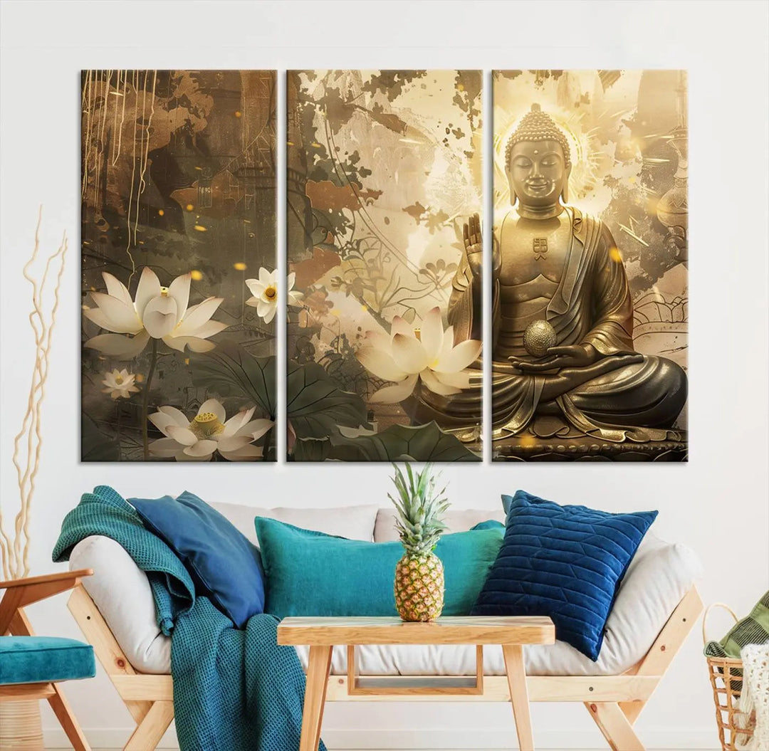 The Zen Buddha Wall Art Canvas Print, featuring a peaceful statue amidst lotus flowers, exudes an aura of spiritual serenity.