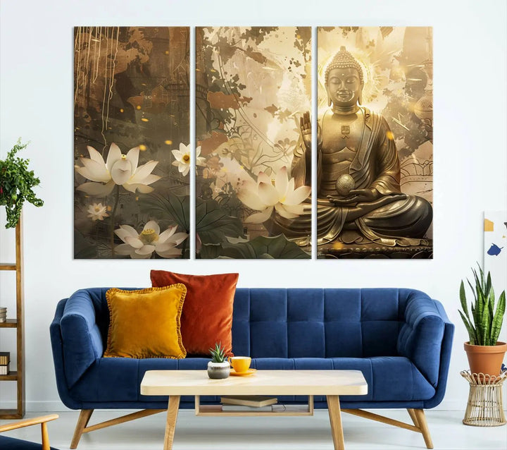 The Zen Buddha Wall Art Canvas Print, featuring a peaceful statue amidst lotus flowers, exudes an aura of spiritual serenity.