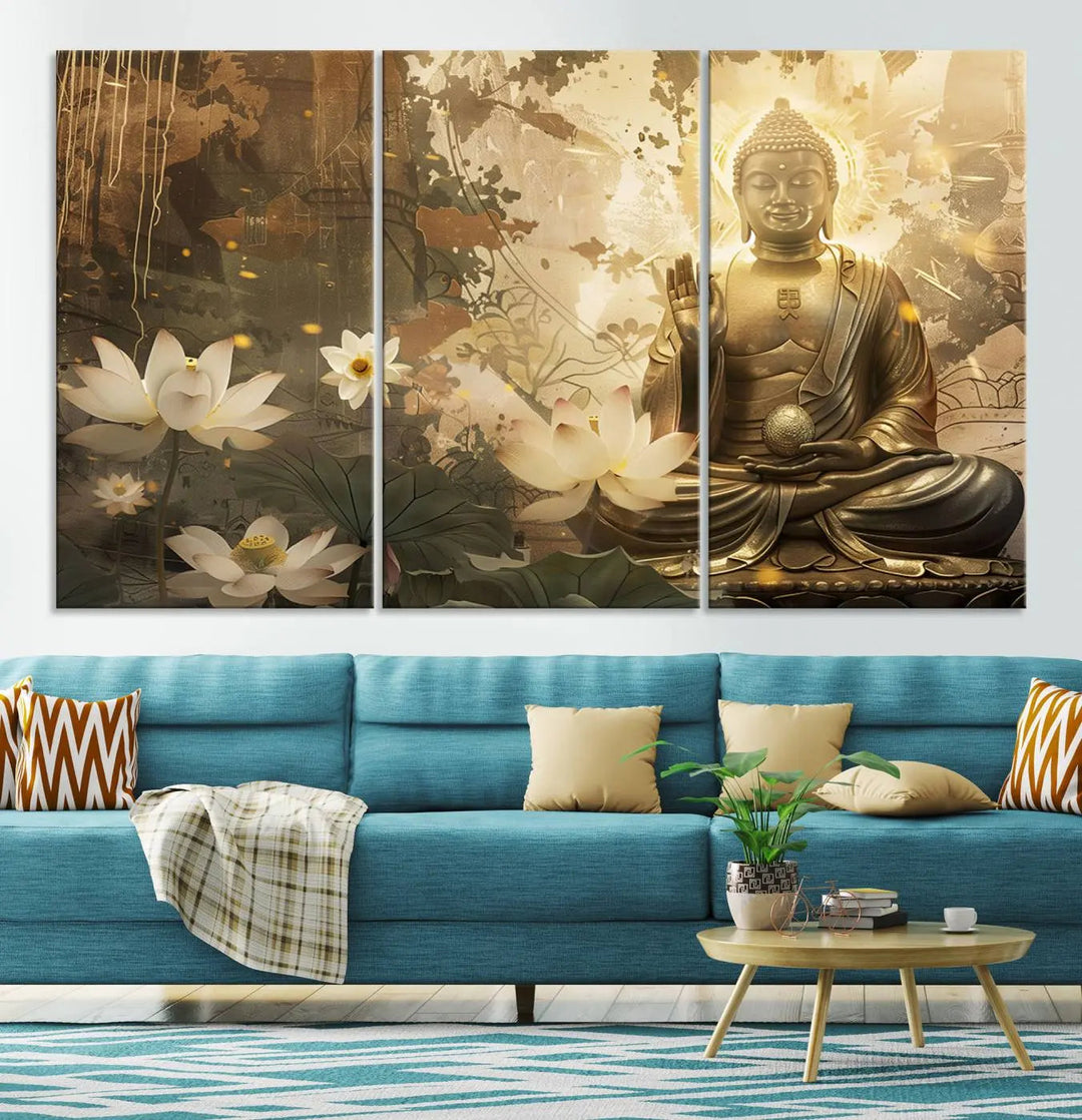 The Zen Buddha Wall Art Canvas Print, featuring a peaceful statue amidst lotus flowers, exudes an aura of spiritual serenity.