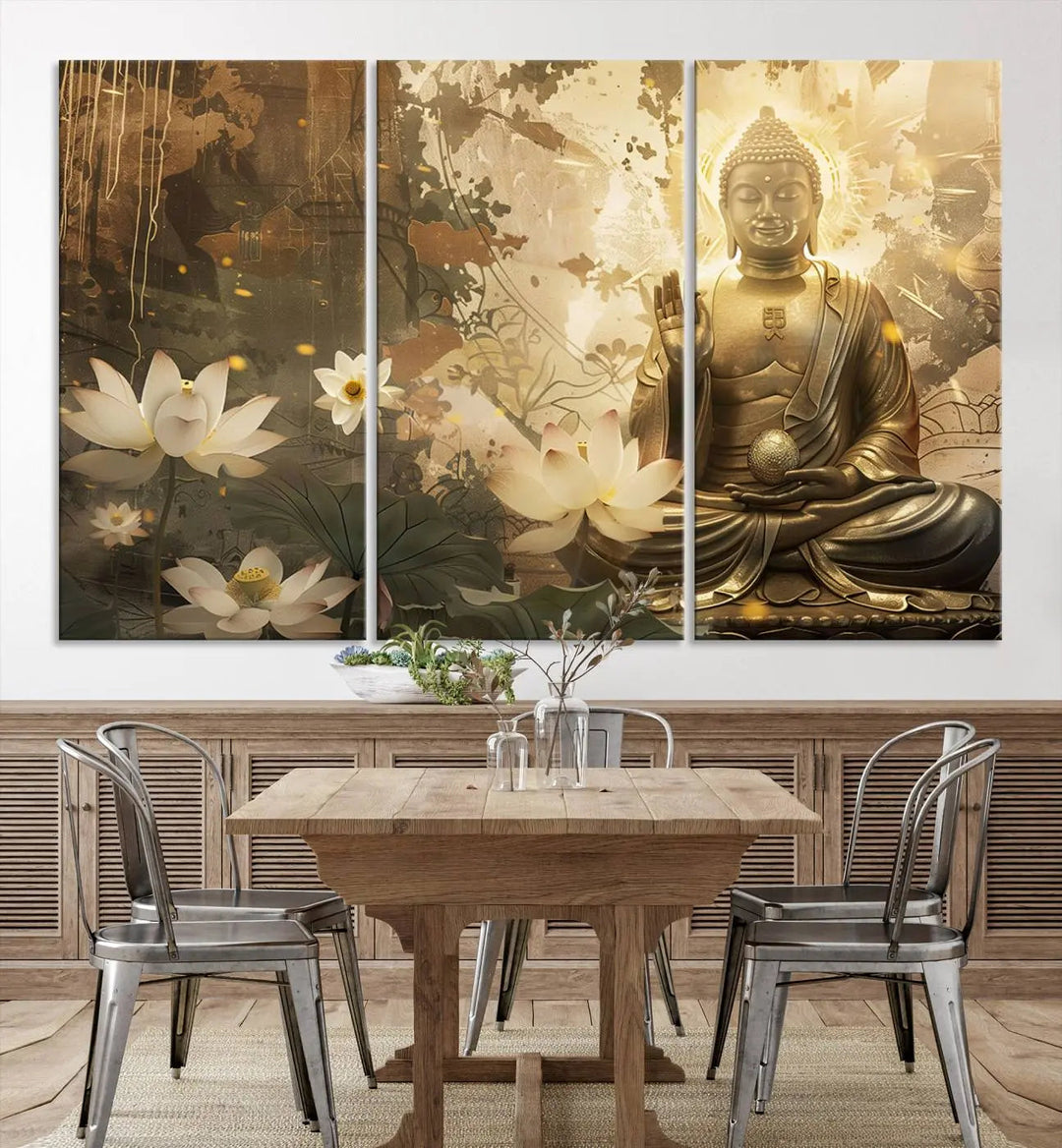 The Zen Buddha Wall Art Canvas Print, featuring a peaceful statue amidst lotus flowers, exudes an aura of spiritual serenity.