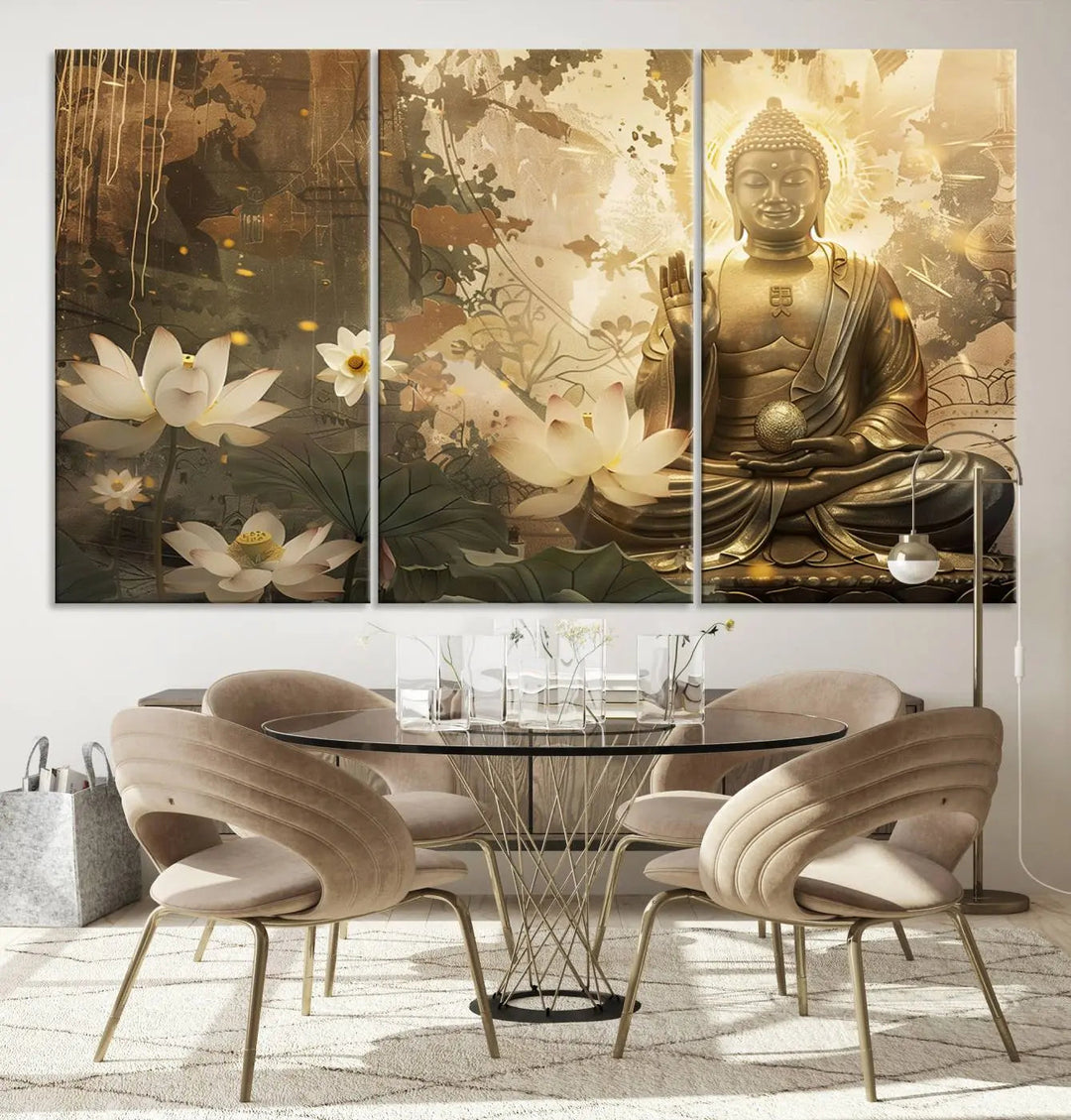 The Zen Buddha Wall Art Canvas Print, featuring a peaceful statue amidst lotus flowers, exudes an aura of spiritual serenity.