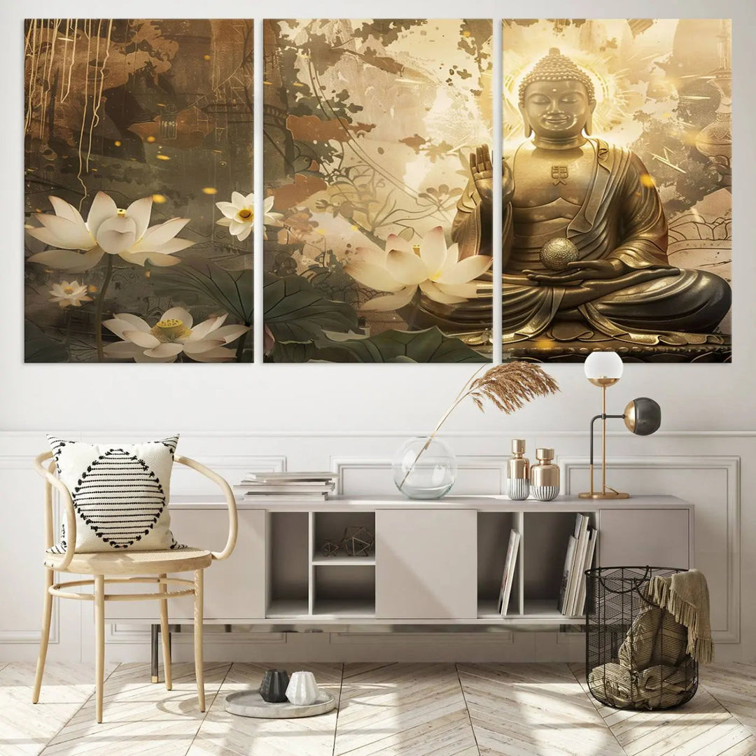 The Zen Buddha Wall Art Canvas Print, featuring a peaceful statue amidst lotus flowers, exudes an aura of spiritual serenity.