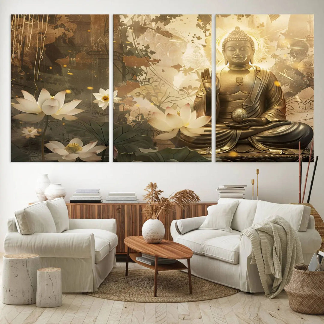 The Zen Buddha Wall Art Canvas Print, featuring a peaceful statue amidst lotus flowers, exudes an aura of spiritual serenity.