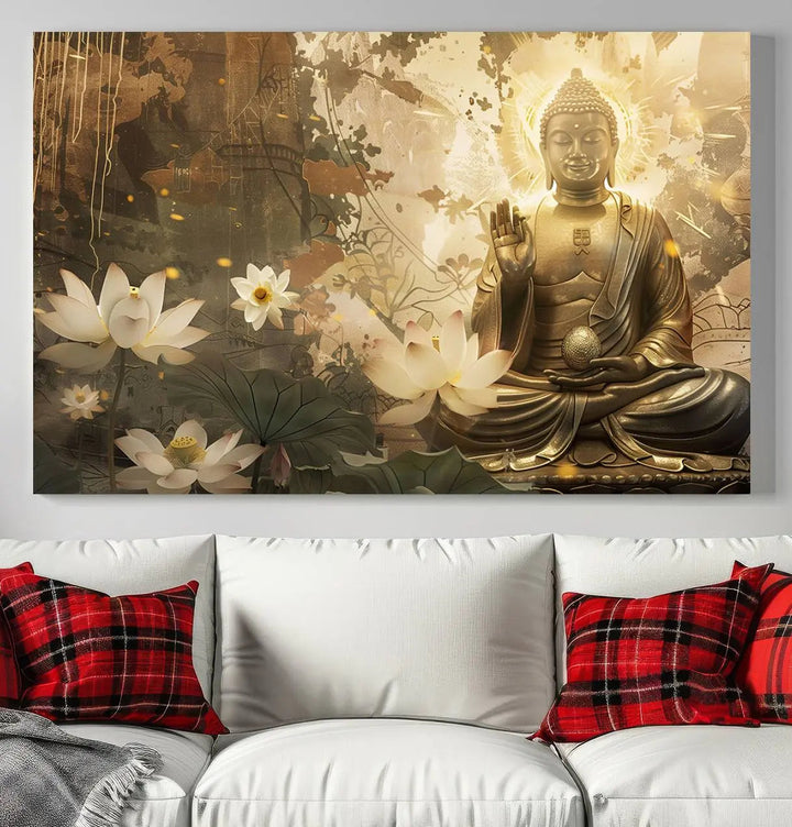 The Zen Buddha Wall Art Canvas Print, featuring a peaceful statue amidst lotus flowers, exudes an aura of spiritual serenity.