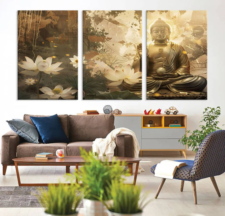 The Zen Buddha Wall Art Canvas Print, featuring a peaceful statue amidst lotus flowers, exudes an aura of spiritual serenity.