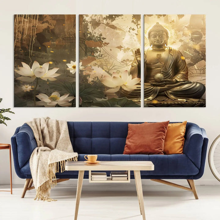 The Zen Buddha Wall Art Canvas Print, featuring a peaceful statue amidst lotus flowers, exudes an aura of spiritual serenity.