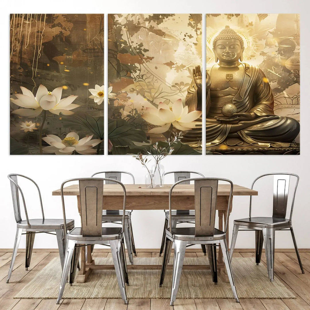 The Zen Buddha Wall Art Canvas Print, featuring a peaceful statue amidst lotus flowers, exudes an aura of spiritual serenity.