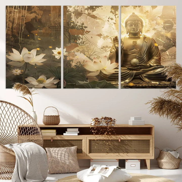 The Zen Buddha Wall Art Canvas Print, featuring a peaceful statue amidst lotus flowers, exudes an aura of spiritual serenity.