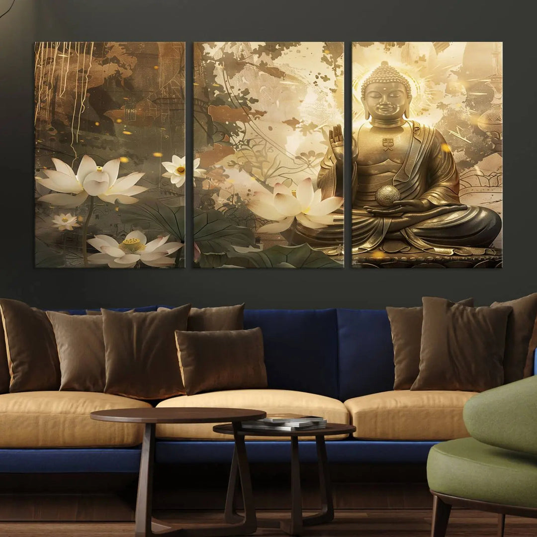 The Zen Buddha Wall Art Canvas Print, featuring a peaceful statue amidst lotus flowers, exudes an aura of spiritual serenity.