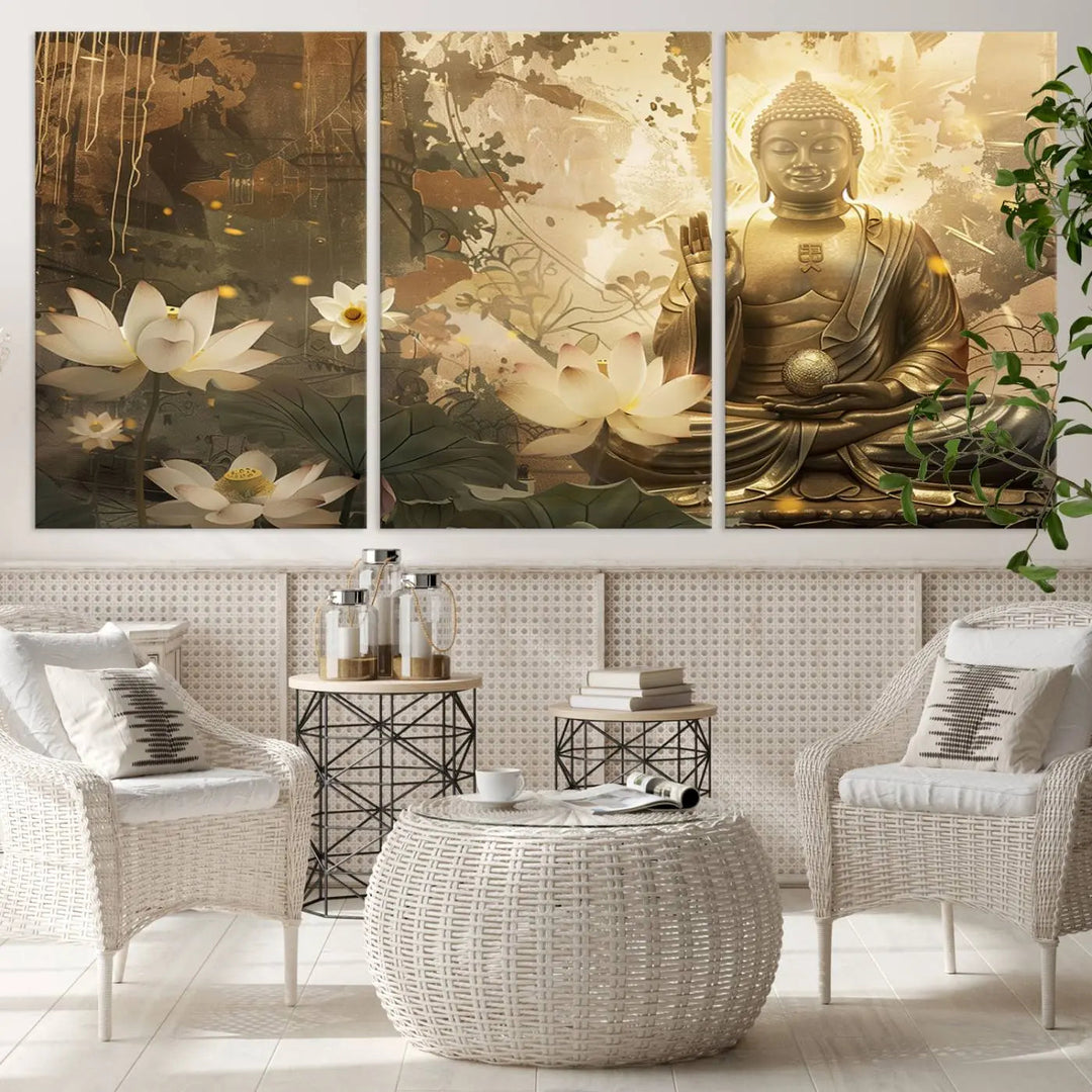 The Zen Buddha Wall Art Canvas Print, featuring a peaceful statue amidst lotus flowers, exudes an aura of spiritual serenity.