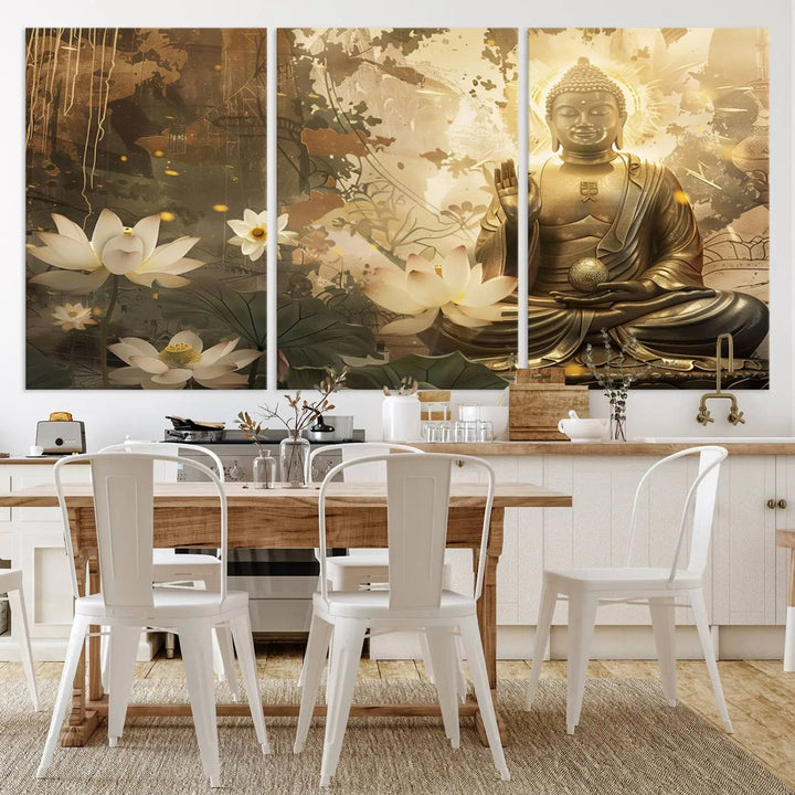 The Zen Buddha Wall Art Canvas Print, featuring a peaceful statue amidst lotus flowers, exudes an aura of spiritual serenity.