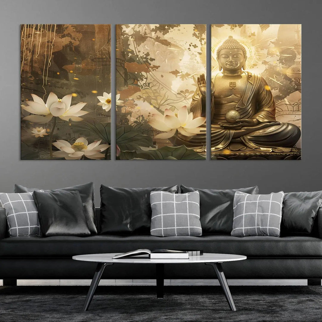 The Zen Buddha Wall Art Canvas Print, featuring a peaceful statue amidst lotus flowers, exudes an aura of spiritual serenity.