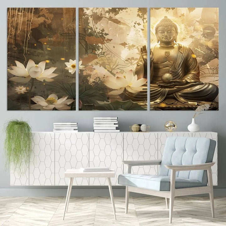 The Zen Buddha Wall Art Canvas Print, featuring a peaceful statue amidst lotus flowers, exudes an aura of spiritual serenity.