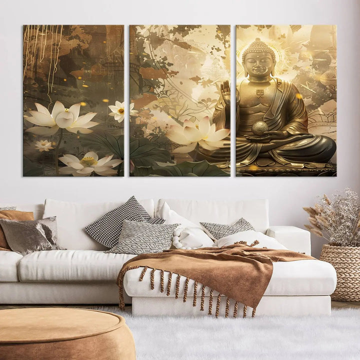 The Zen Buddha Wall Art Canvas Print, featuring a peaceful statue amidst lotus flowers, exudes an aura of spiritual serenity.