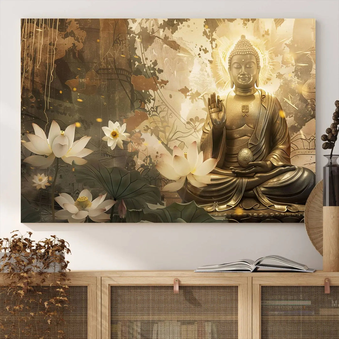 The Zen Buddha Wall Art Canvas Print, featuring a peaceful statue amidst lotus flowers, exudes an aura of spiritual serenity.