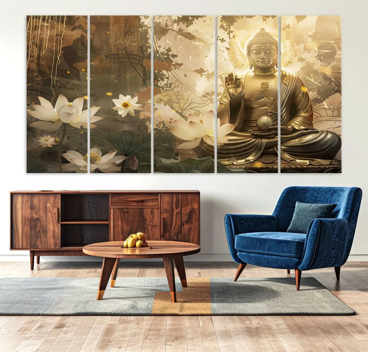 The Zen Buddha Wall Art Canvas Print, featuring a peaceful statue amidst lotus flowers, exudes an aura of spiritual serenity.