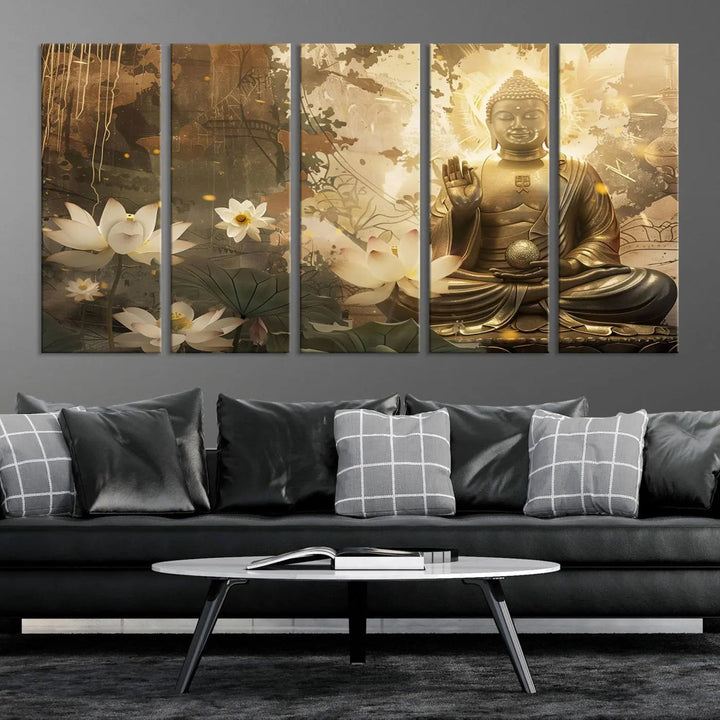 The Zen Buddha Wall Art Canvas Print, featuring a peaceful statue amidst lotus flowers, exudes an aura of spiritual serenity.