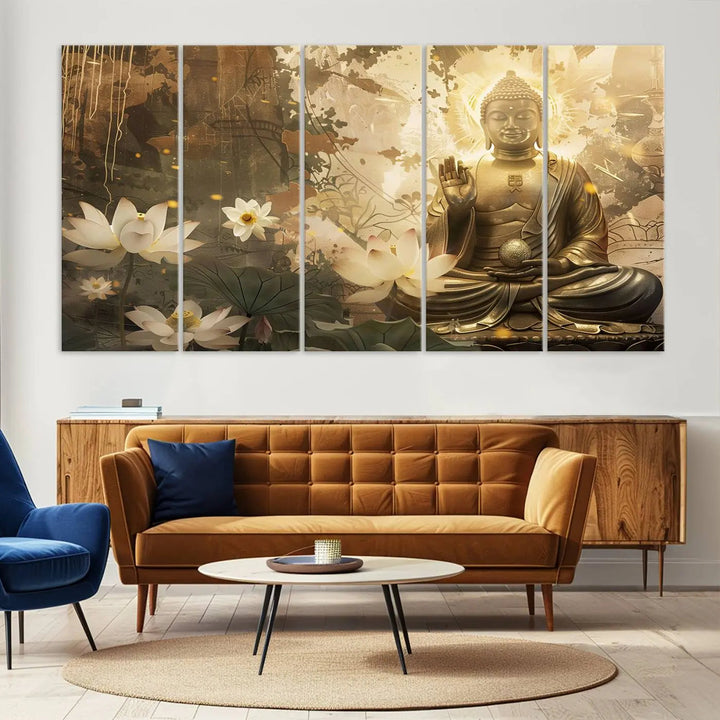 The Zen Buddha Wall Art Canvas Print, featuring a peaceful statue amidst lotus flowers, exudes an aura of spiritual serenity.