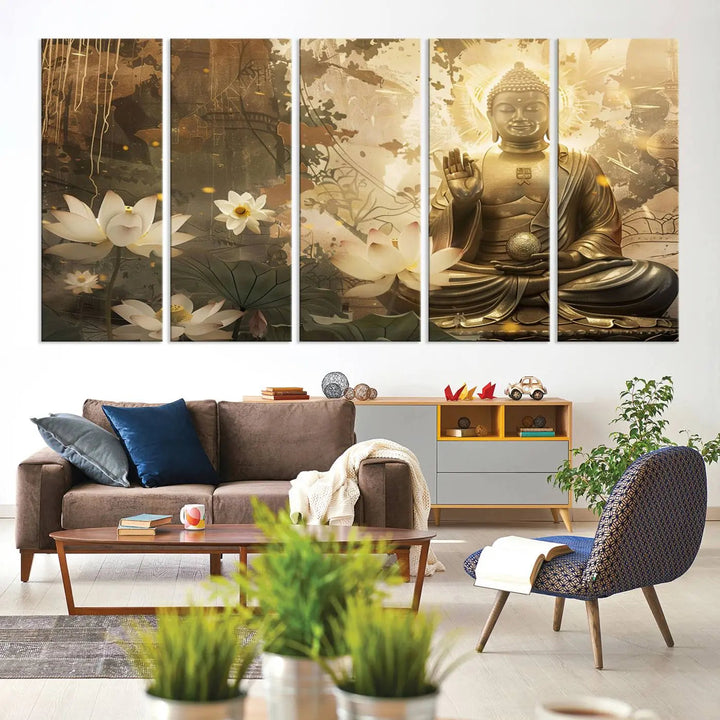 The Zen Buddha Wall Art Canvas Print, featuring a peaceful statue amidst lotus flowers, exudes an aura of spiritual serenity.