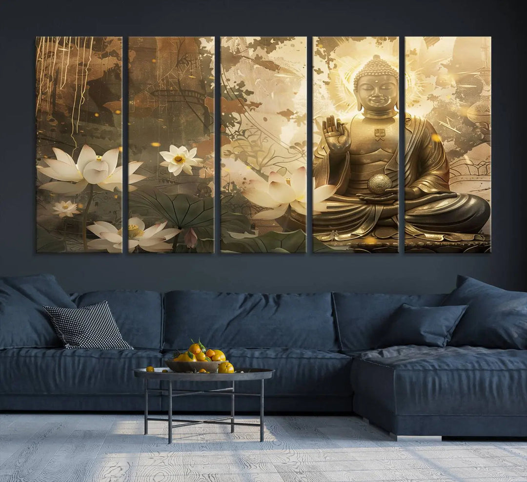 The Zen Buddha Wall Art Canvas Print, featuring a peaceful statue amidst lotus flowers, exudes an aura of spiritual serenity.