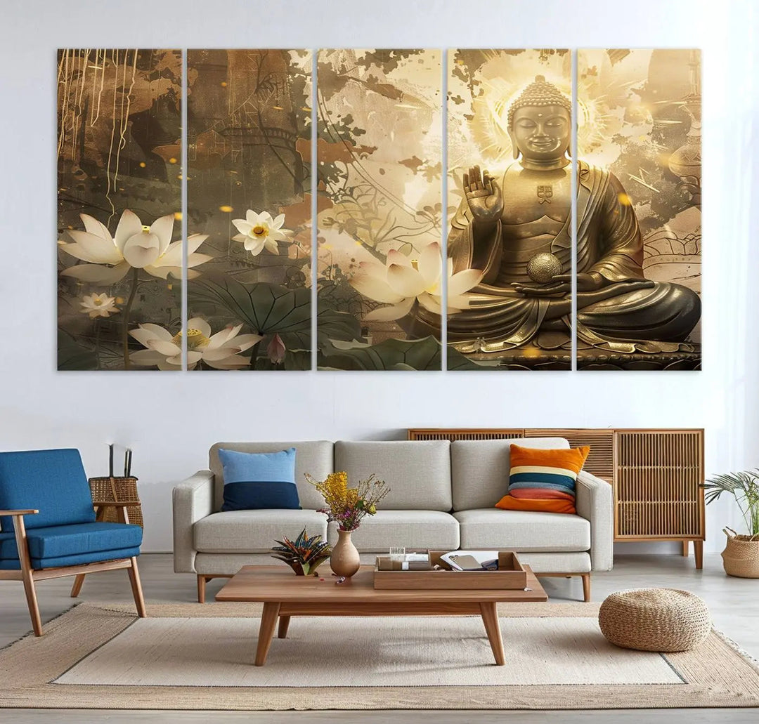 The Zen Buddha Wall Art Canvas Print, featuring a peaceful statue amidst lotus flowers, exudes an aura of spiritual serenity.