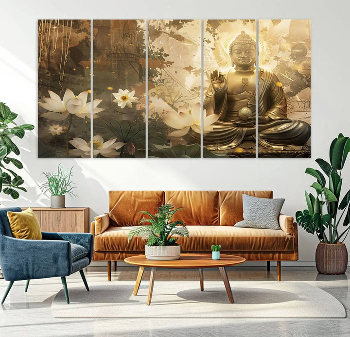 The Zen Buddha Wall Art Canvas Print, featuring a peaceful statue amidst lotus flowers, exudes an aura of spiritual serenity.