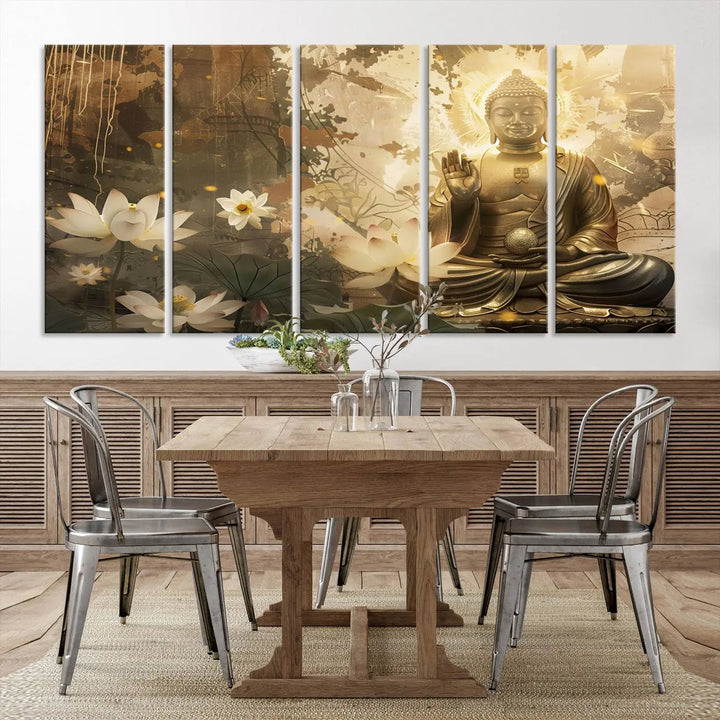 The Zen Buddha Wall Art Canvas Print, featuring a peaceful statue amidst lotus flowers, exudes an aura of spiritual serenity.