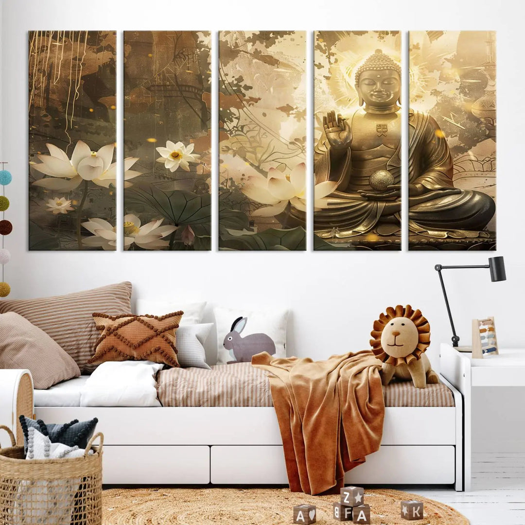 The Zen Buddha Wall Art Canvas Print, featuring a peaceful statue amidst lotus flowers, exudes an aura of spiritual serenity.