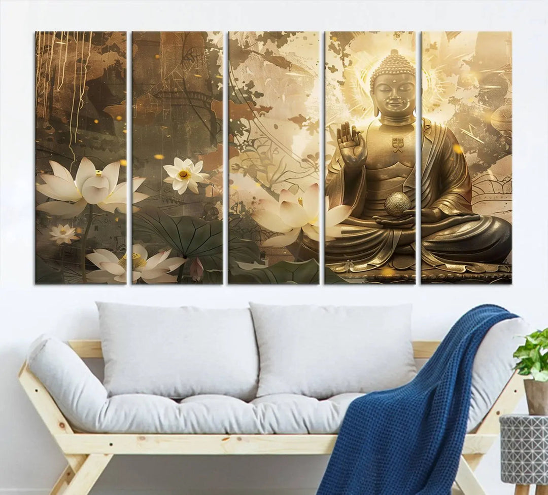 The Zen Buddha Wall Art Canvas Print, featuring a peaceful statue amidst lotus flowers, exudes an aura of spiritual serenity.