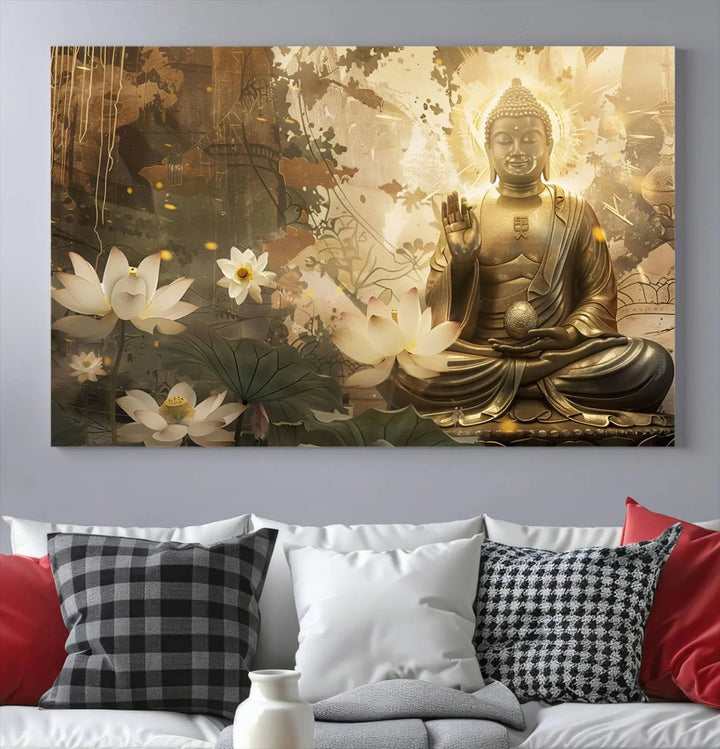 The Zen Buddha Wall Art Canvas Print, featuring a peaceful statue amidst lotus flowers, exudes an aura of spiritual serenity.