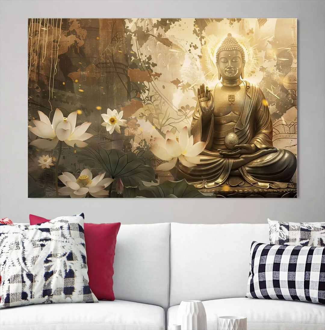 The Zen Buddha Wall Art Canvas Print, featuring a peaceful statue amidst lotus flowers, exudes an aura of spiritual serenity.