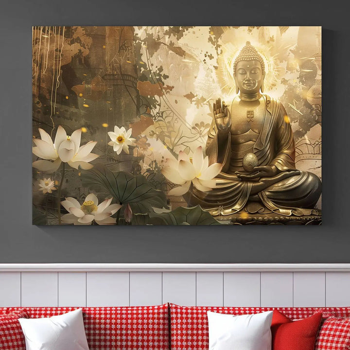 The Zen Buddha Wall Art Canvas Print, featuring a peaceful statue amidst lotus flowers, exudes an aura of spiritual serenity.