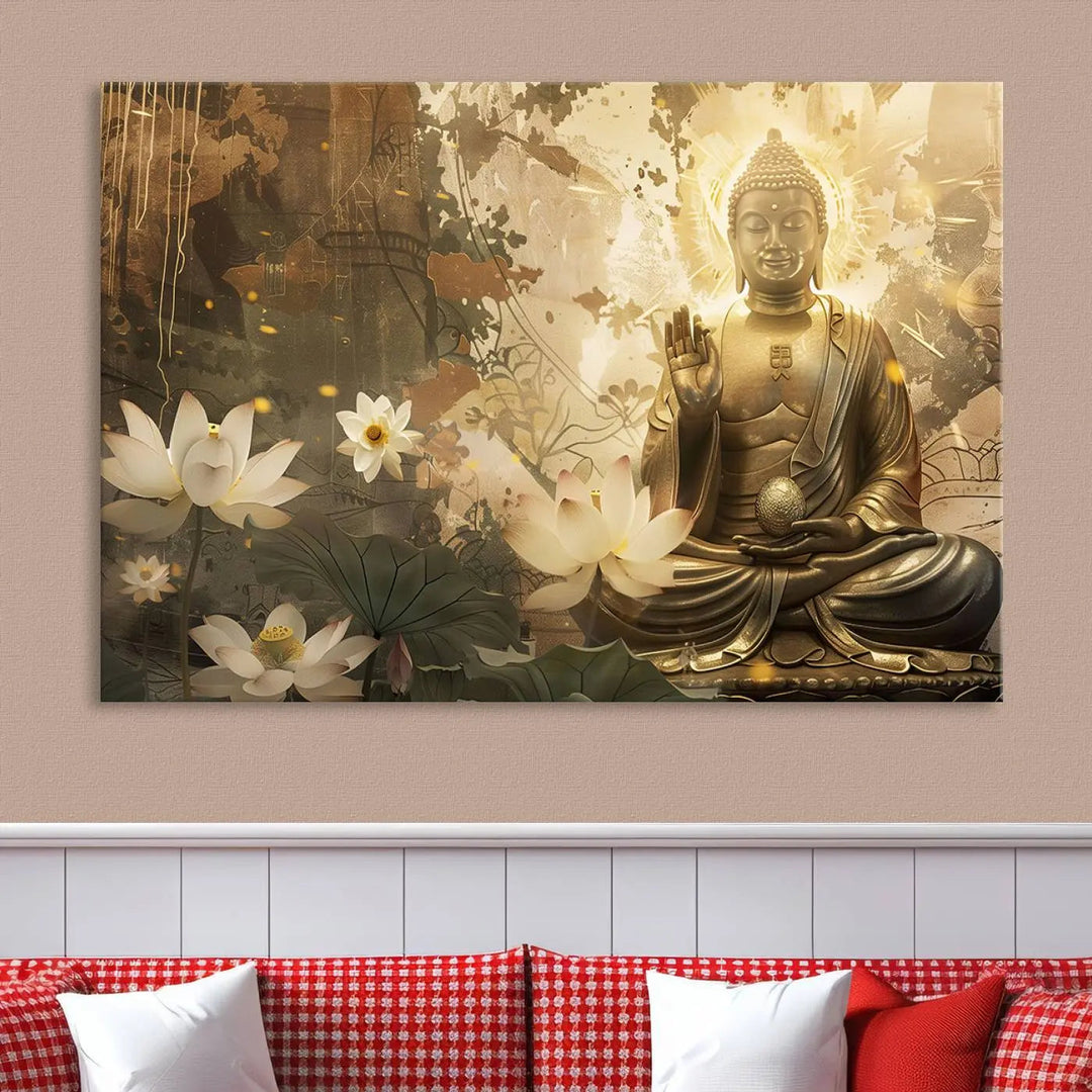 The Zen Buddha Wall Art Canvas Print, featuring a peaceful statue amidst lotus flowers, exudes an aura of spiritual serenity.