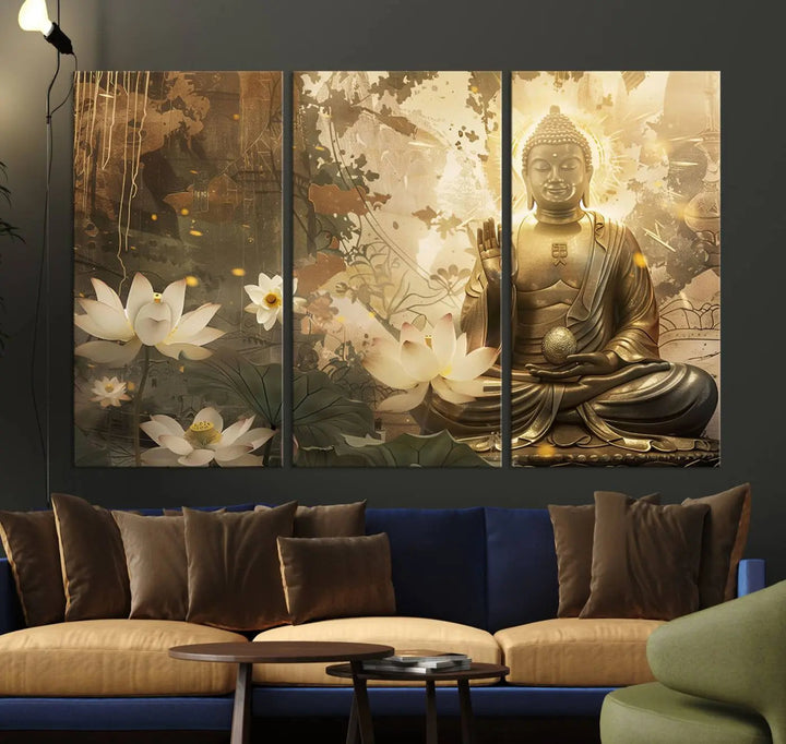 The Zen Buddha Wall Art Canvas Print, featuring a peaceful statue amidst lotus flowers, exudes an aura of spiritual serenity.