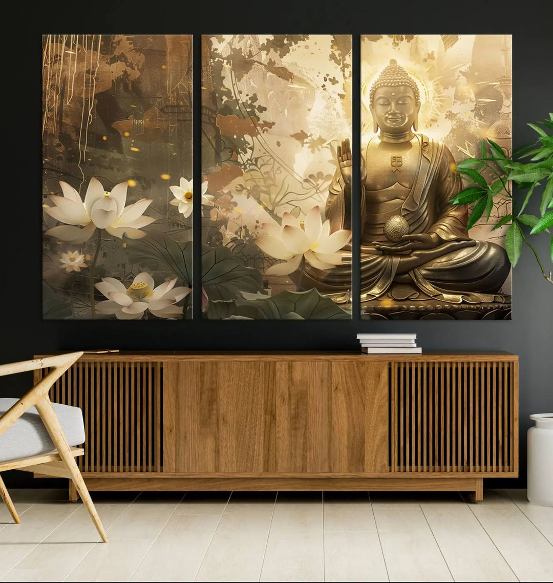 The Zen Buddha Wall Art Canvas Print, featuring a peaceful statue amidst lotus flowers, exudes an aura of spiritual serenity.