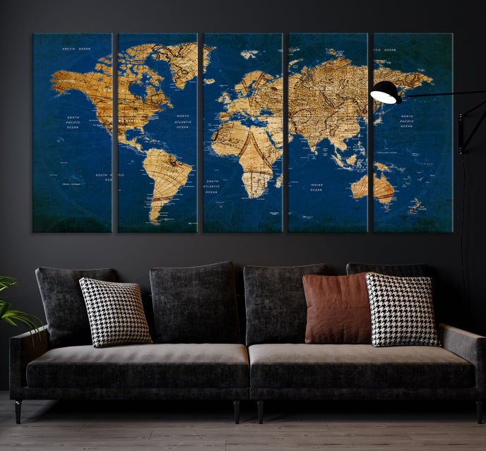 Carte du monde antique bleu marine, punaise d'art mural Impression sur toile