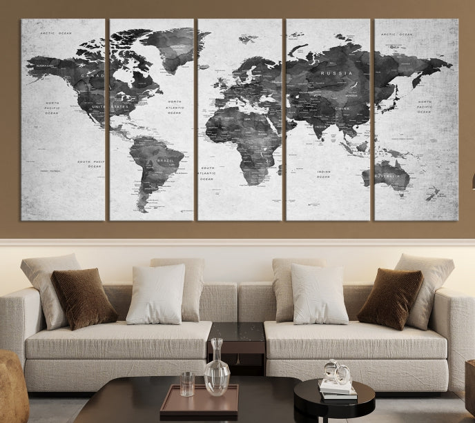 Wall Art Gray Black World Map Print
