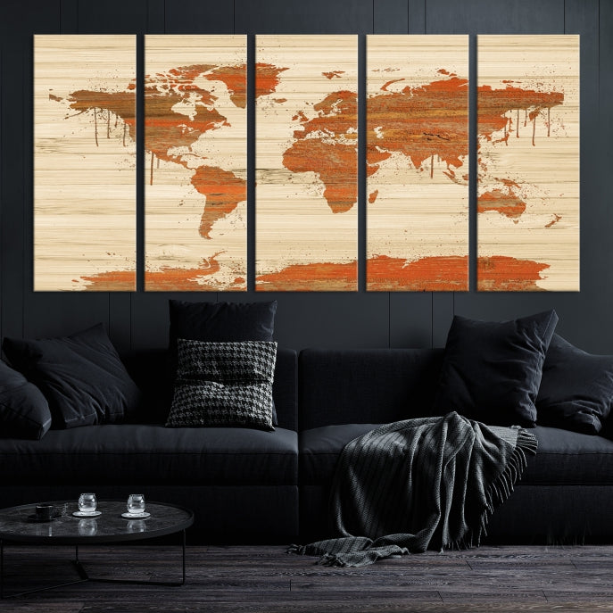 Style de fond en bois Carte du monde Art mural Impression sur toile