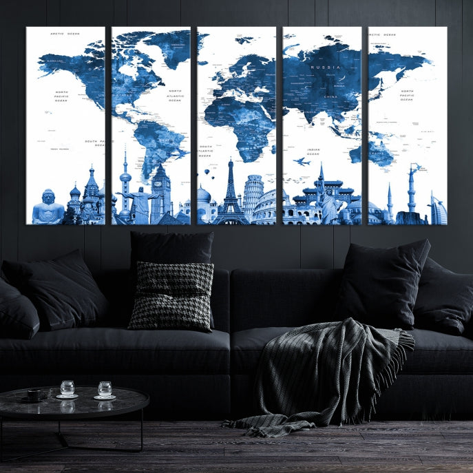 Blue Watercolor World Map Wall Art w/ Wonders of the World Canvas Print