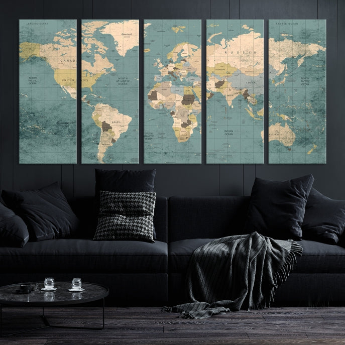 Impression sur toile d’art mural de carte du monde classique