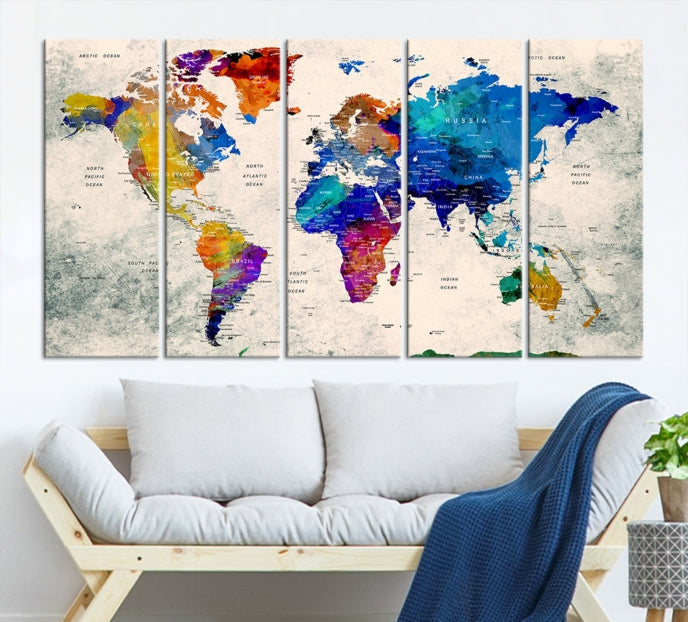 Carte du monde d'art mural aquarelle bleue Impression sur toile