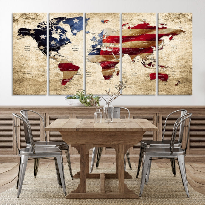 USA Flag and World Map Grunge Canvas Print