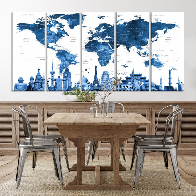 Blue Watercolor World Map Wall Art w/ Wonders of the World Canvas Print