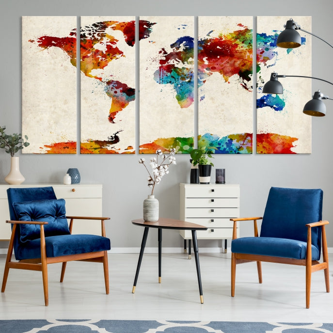 Arte de pared grande, mapa mundial, acuarela, impresión en lienzo