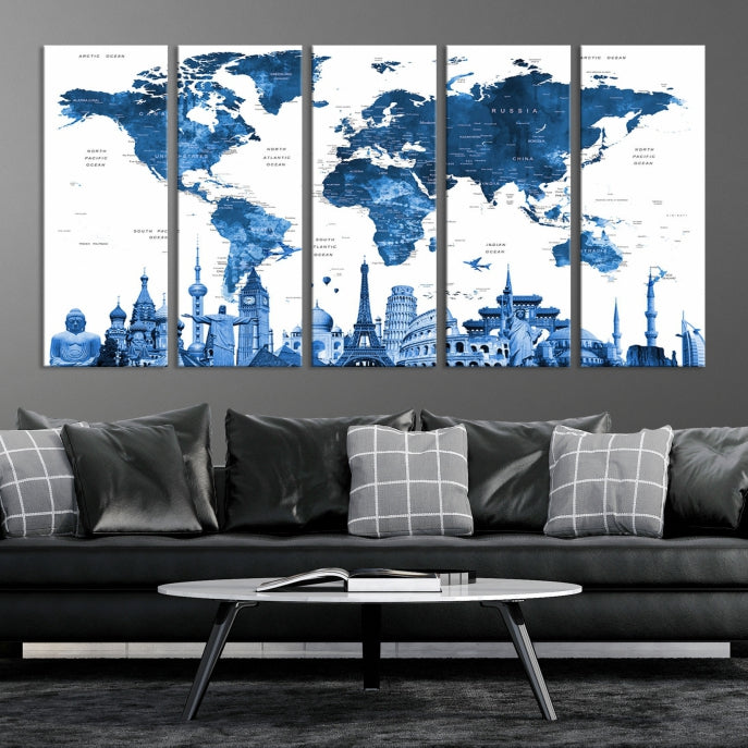 Blue Watercolor World Map Wall Art w/ Wonders of the World Canvas Print