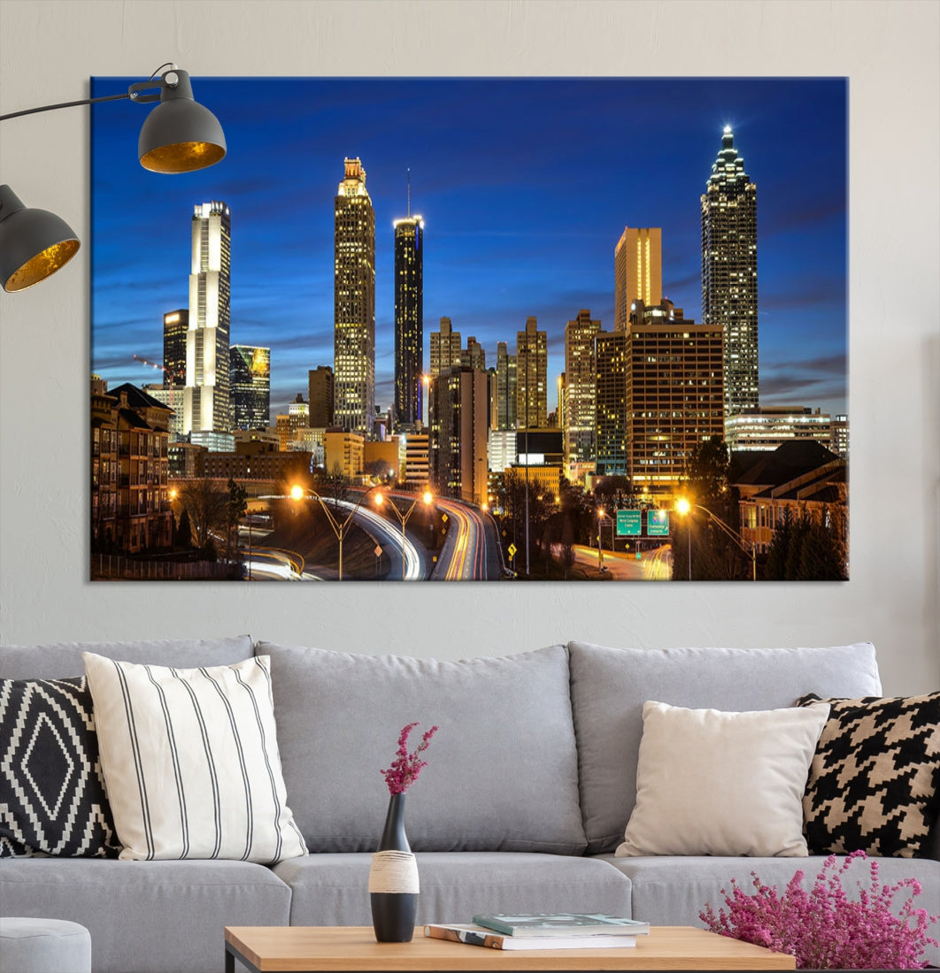 Atlanta City Lights Nuit Bleu Skyline Cityscape View Wall Art Impression sur toile