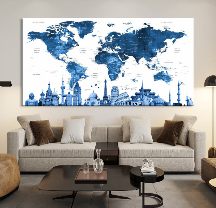 Blue Watercolor World Map Wall Art w/ Wonders of the World Canvas Print