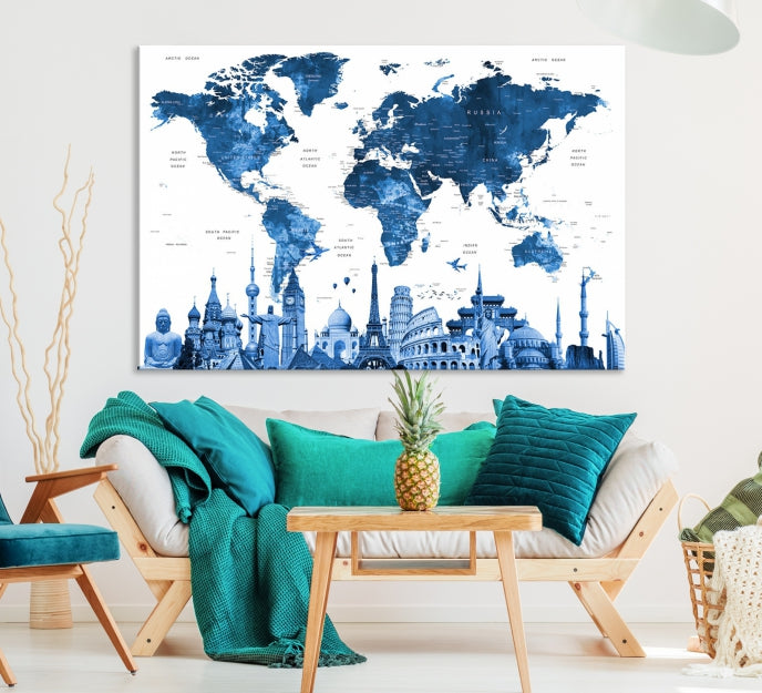 Blue Watercolor World Map Wall Art w/ Wonders of the World Canvas Print