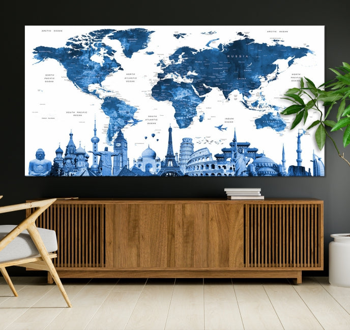 Blue Watercolor World Map Wall Art w/ Wonders of the World Canvas Print